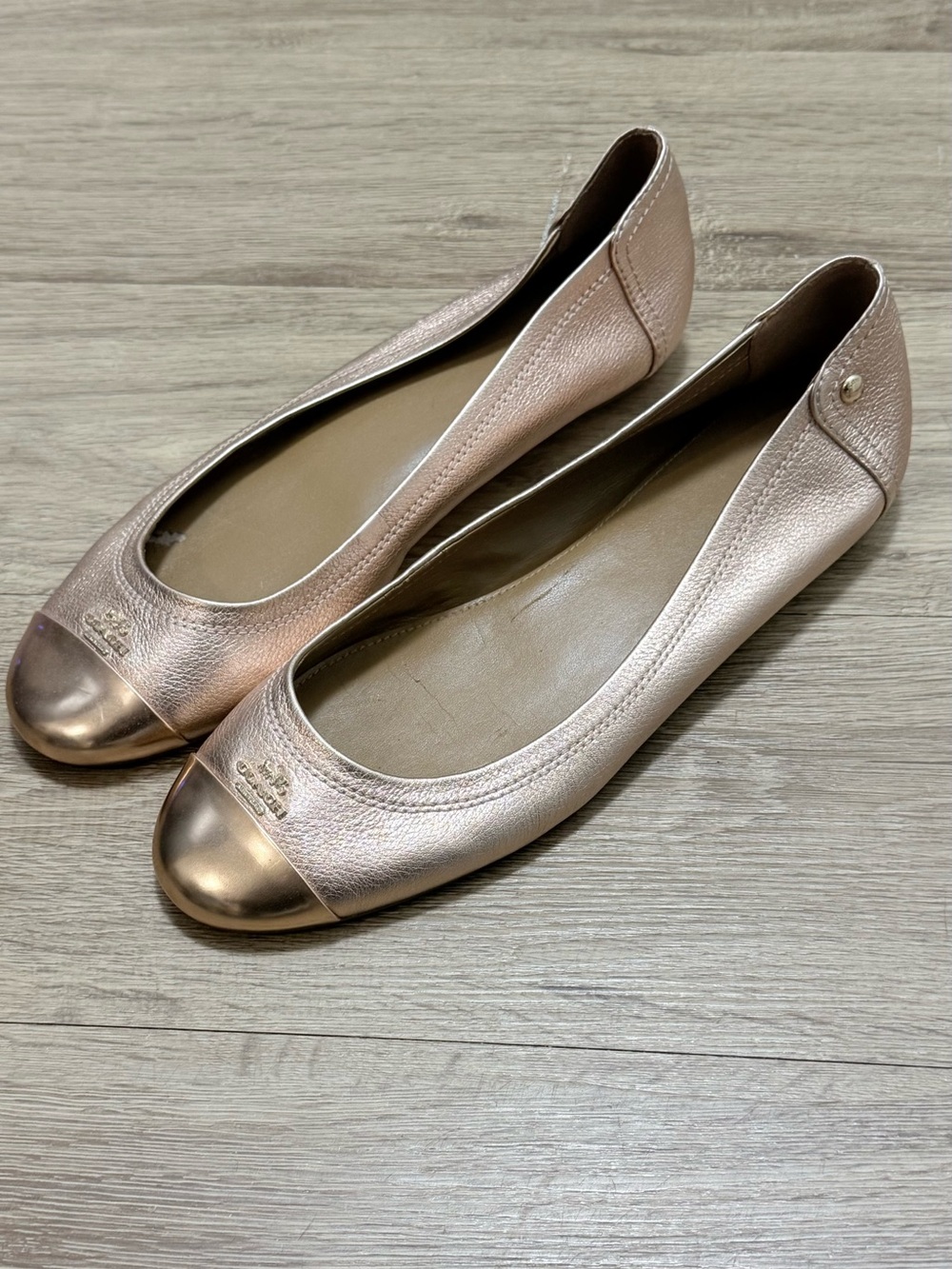 Coach Metallic Rose Gold Leather Cap-Toe Ballet Flats